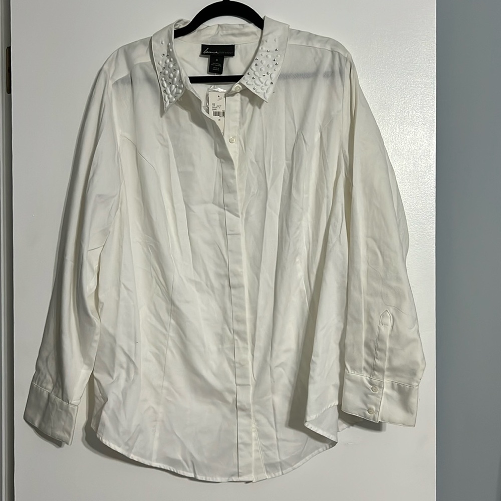 Lane Bryant white button up with bejeweled collar
